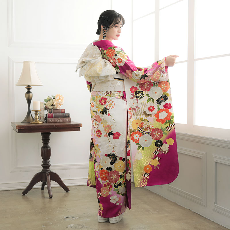 楽天市場】【成人式 振袖 レンタル】RS1813 正絹 赤紫×白 毬に桜菊梅松