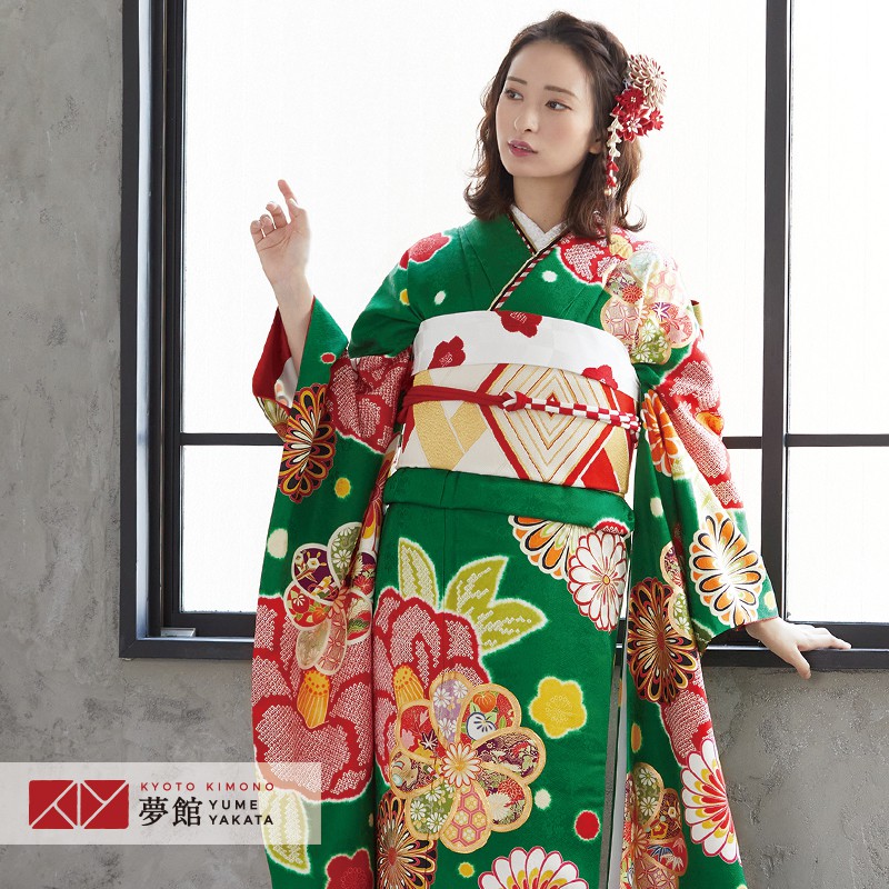 楽天市場】【振袖 レンタル】 結婚式 結納R1829 正絹 緑 紅椿に菊梅