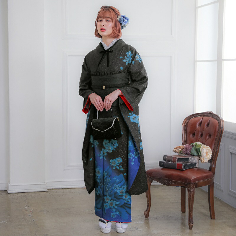 楽天市場】【成人式 振袖 レンタル】RS1068 正絹 黒ブルー 桜フル