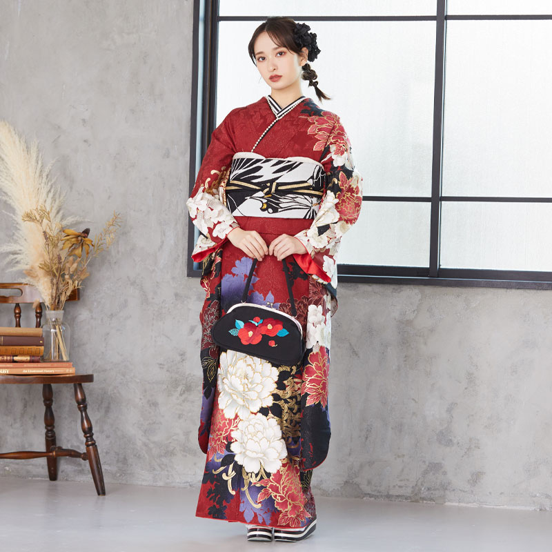 楽天市場】【成人式 振袖 レンタル】RS1078 正絹 臙脂 牡丹に八重桜