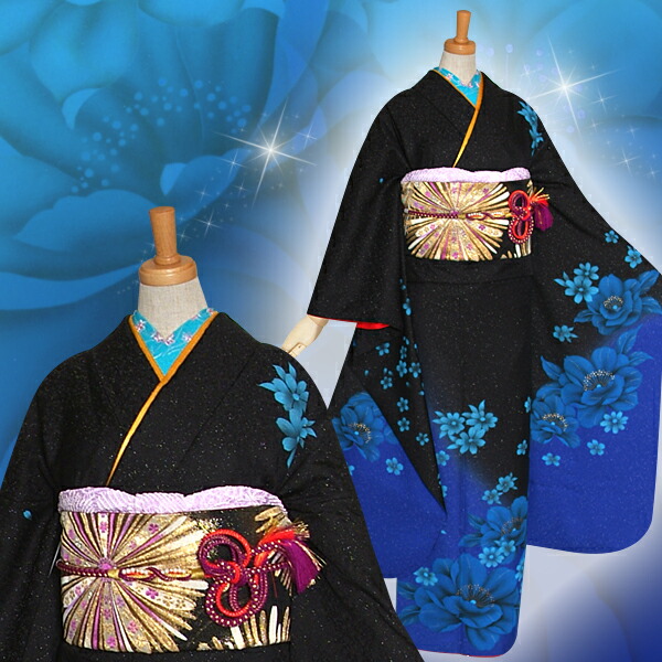 楽天市場】【成人式 振袖 レンタル】RS1192 正絹 黒×ブルー 八重桜フル