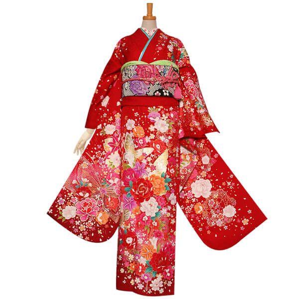 楽天市場】【成人式 振袖 レンタル】RS1113 正絹 赤 百合牡丹に蝶フル