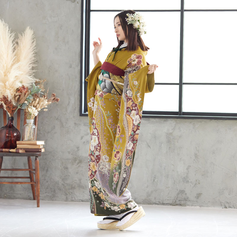 楽天市場】【振袖 レンタル】 結婚式 結納R1347 正絹 黄土 古典辻が花