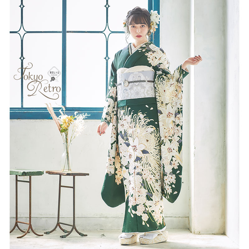 楽天市場】【振袖 レンタル】 結婚式 結納R2039 正絹 深緑 百合に乱菊