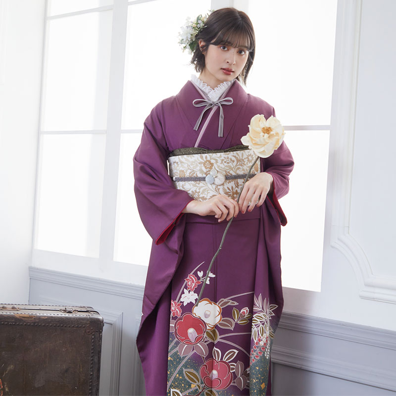 楽天市場】【振袖 レンタル】 結婚式 結納R698 正絹 紫 椿と牡丹 振袖