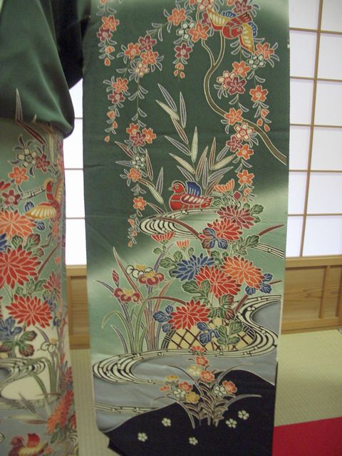 楽天市場】振袖 紅型調「ダークグリーン 花々に流水と鴛鴦(おしどり