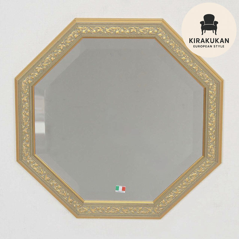 イタリア製 鏡 八角形 木製フレーム スタンドミラー 88cm 大型 楽天