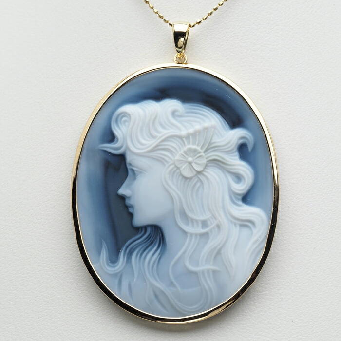 K18 カメオ ペンダントトップ 瑪瑙 天使と三日月 K18YG K18イエロー