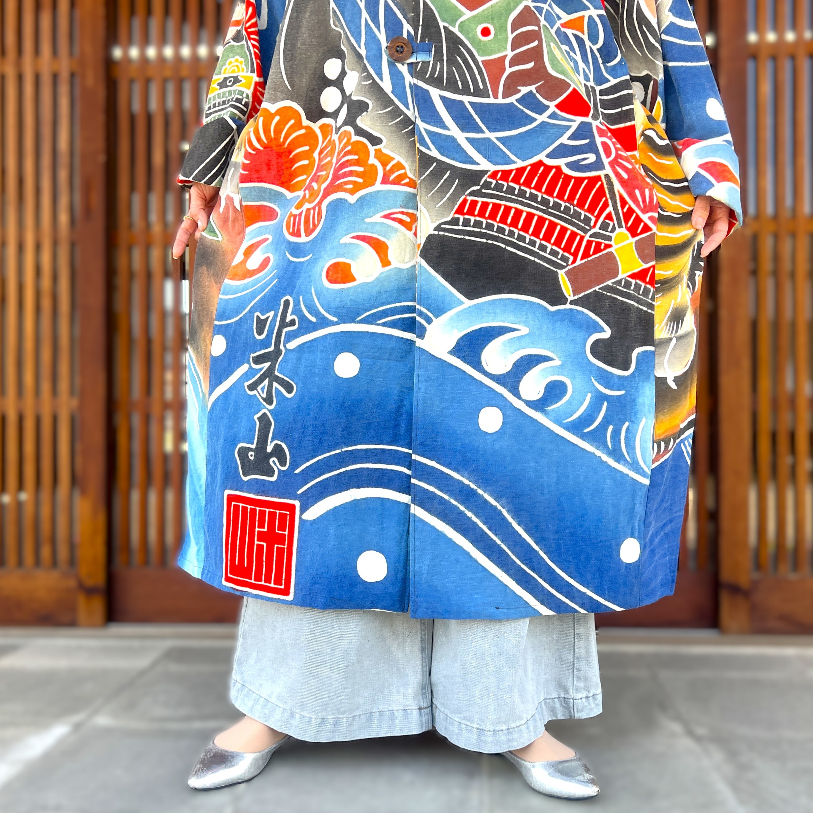 め0127古布リメイク木綿幟旗柿渋染刺し子ジップアップ鳳凰スカジャン