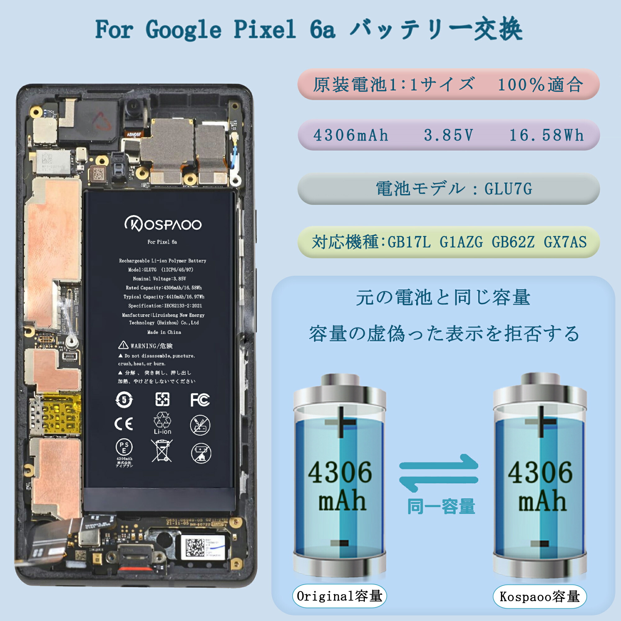 楽天市場】KOSPAOO for Google Pixel 6a バッテリー 第6a世代 交換