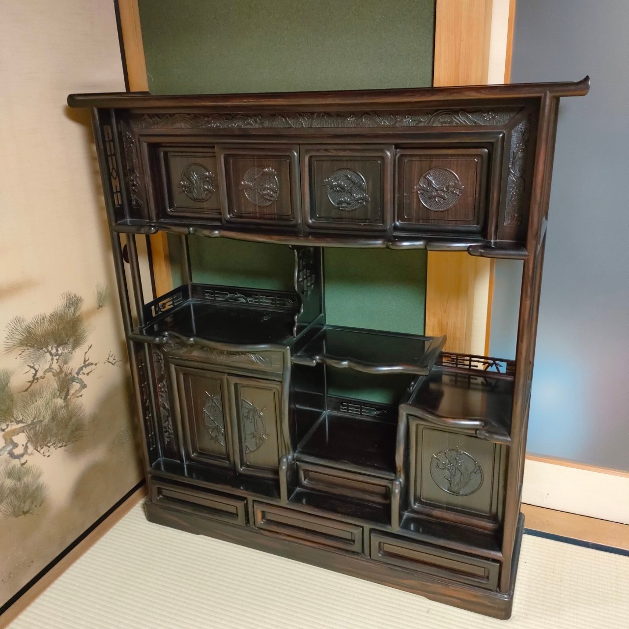 楽天市場】【中古】 高級 収納棚 骨董品 飾り棚 茶箪笥 高級茶棚 黒檀