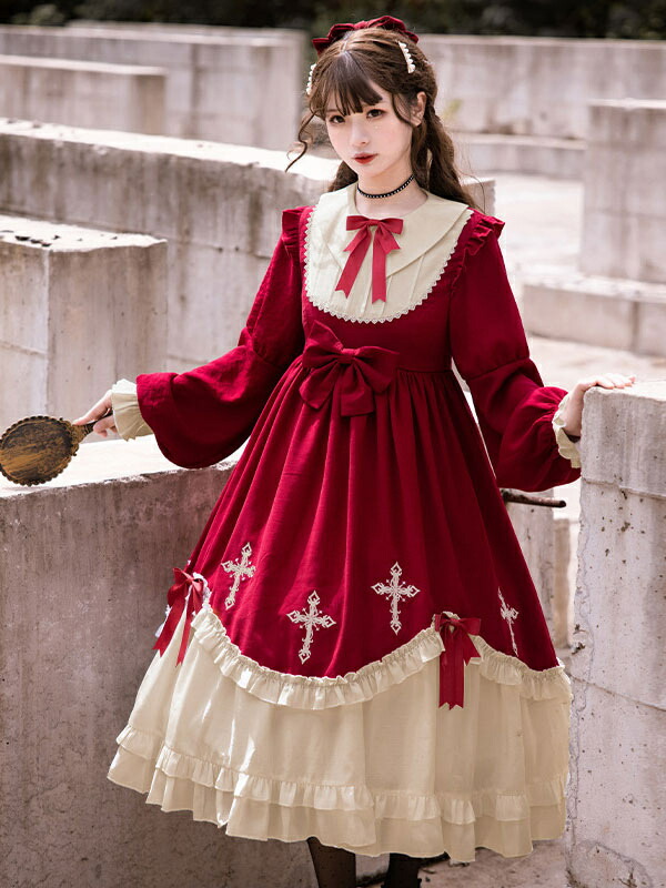 楽天市場】甘いロリータドレスブルゴーニュポリエステル長袖ボウクロス