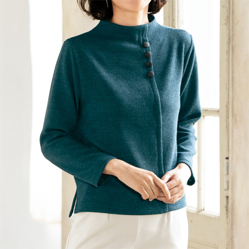 楽天市場】ボタンデザインプルオーバー ブルーグリーン ハイネック