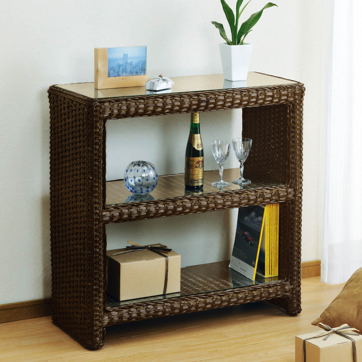 楽天市場】籐 収納ラック 3段 ガラス天板付 幅80cm （ 送料無料