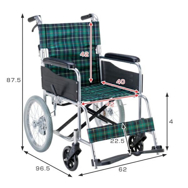 楽天市場】車いす アルミ製 介助式 背折れタイプ 緑チェック 座面幅