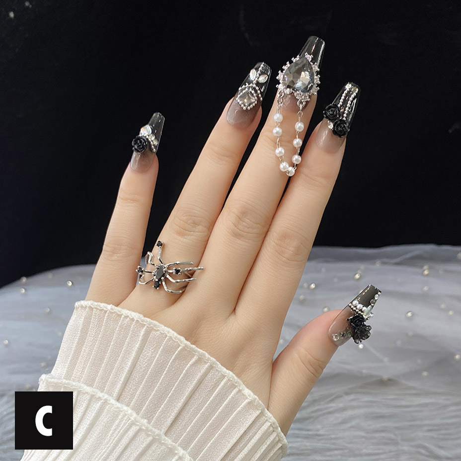 楽天市場】ネイルチップ ロング 黒 スクエア リボン ギャル 両面テープ