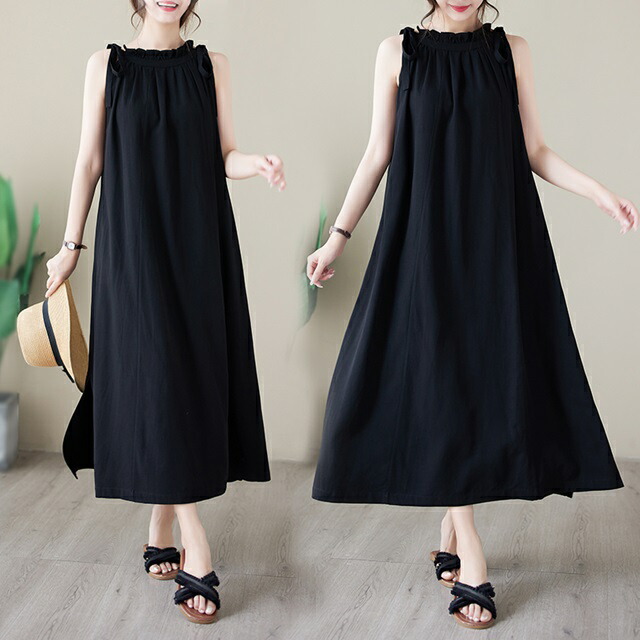 楽天市場】肩紐リボン ワンピース ロング ノースリーブ ワンピース 黒