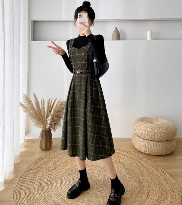 LIZLISA ブラウン チェック柄 ワンピース ジャンパースカート 長袖