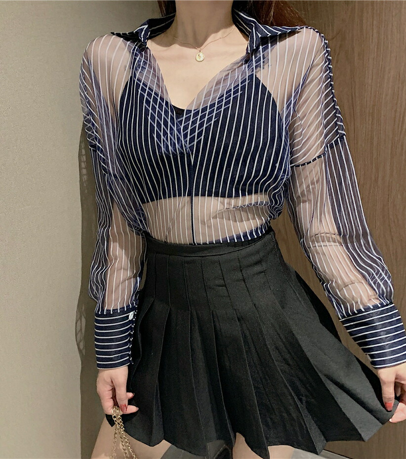 楽天市場】シースルー トップス レディース シアー ストライプ 襟付き