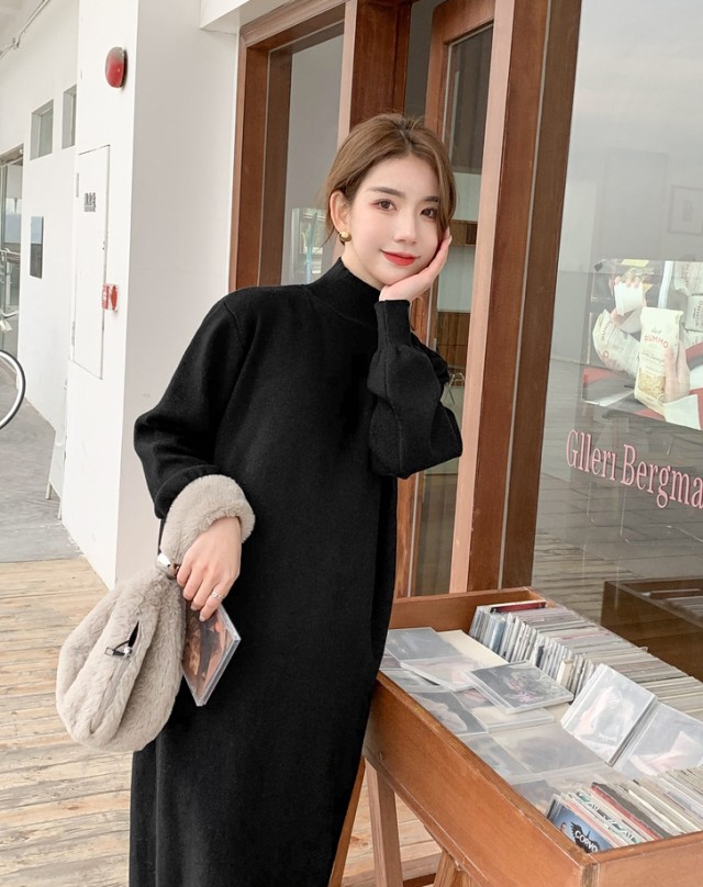 楽天市場】ニット ワンピース ハイネック 長袖 黒 秋冬 膝下丈 ミモレ