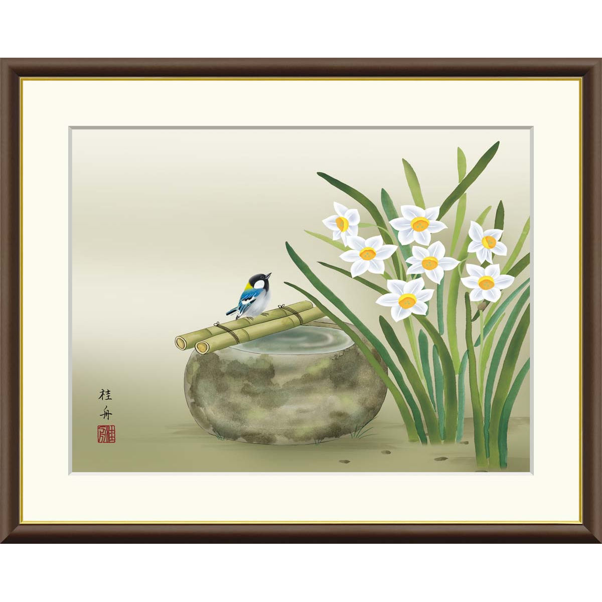 楽天市場】絵画 現代日本画 花鳥画 冬飾り 水仙に小鳥 長江桂舟 額入り