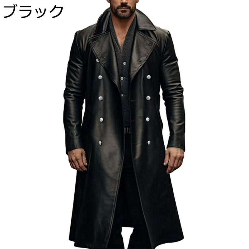 楽天市場】メンズ ロングコート PU革 トレンチコート ダブルブレスト