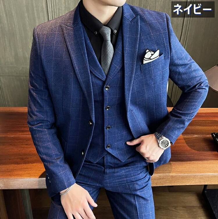 楽天市場】スリーピーススーツ メンズ チェック柄 2ボタン ベスト襟