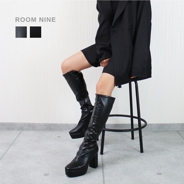 楽天市場】柔らかレザー 厚底 太ヒール ロングブーツ レディース 黒