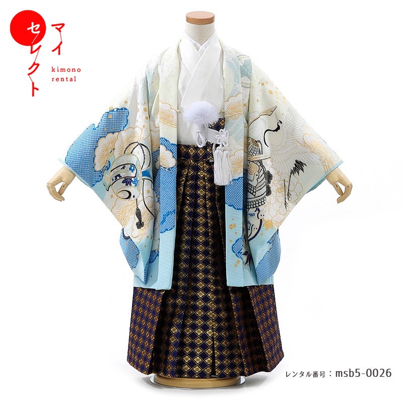 5歳男の子 七五三 乙葉 茶色と水色の花柄の着物 5歳男の子七五三乙葉