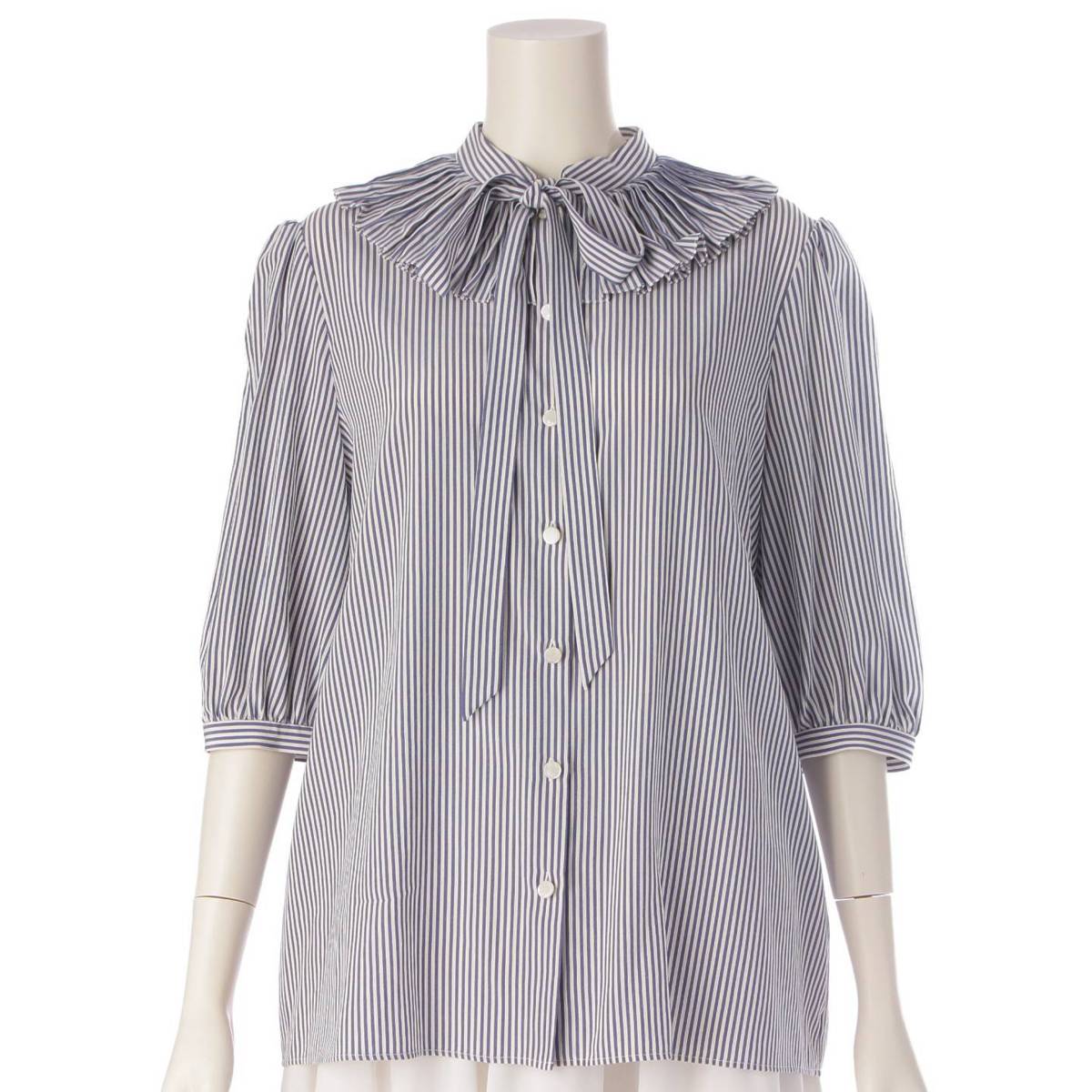 セリーヌ シルク100 ボウタイ ブラウス ストライプ プリーツ襟