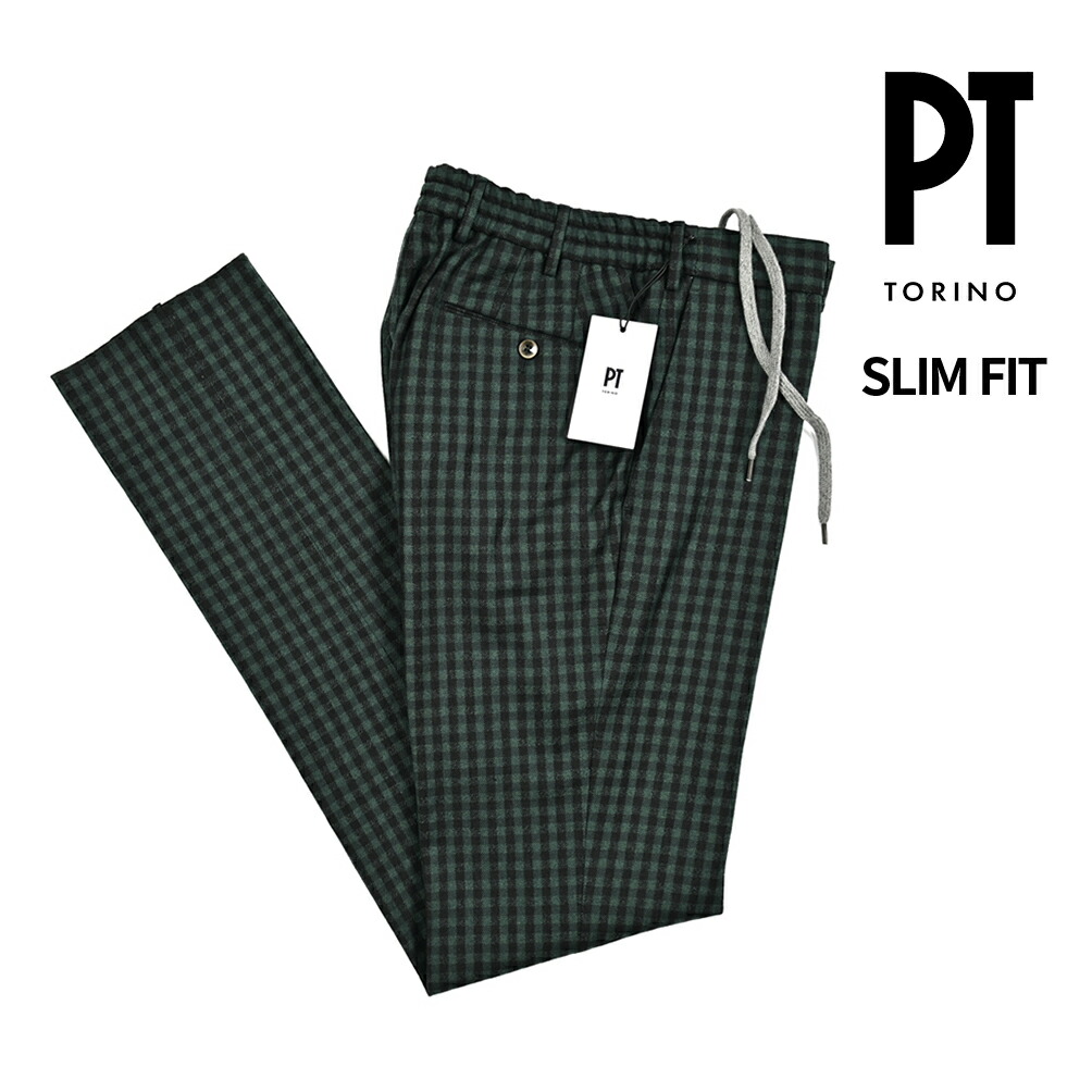 ピーティーゼロウーノ PT01】ウール パンツ チェック グリーン メンズ