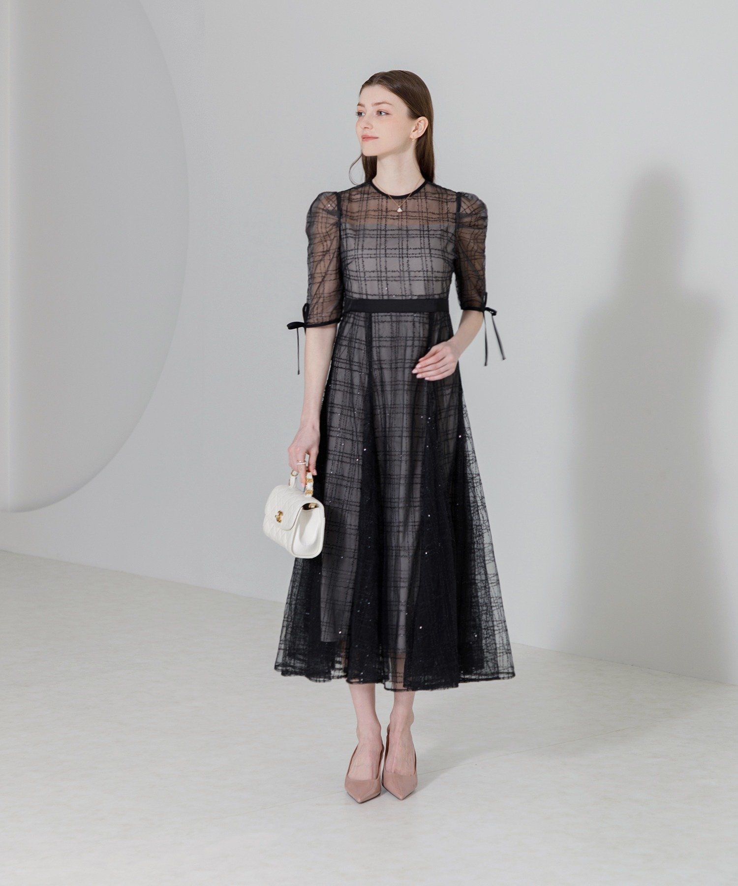 Leja｜LEJA-チェック刺繍スパンコール袖リボンワンピースドレス結婚式