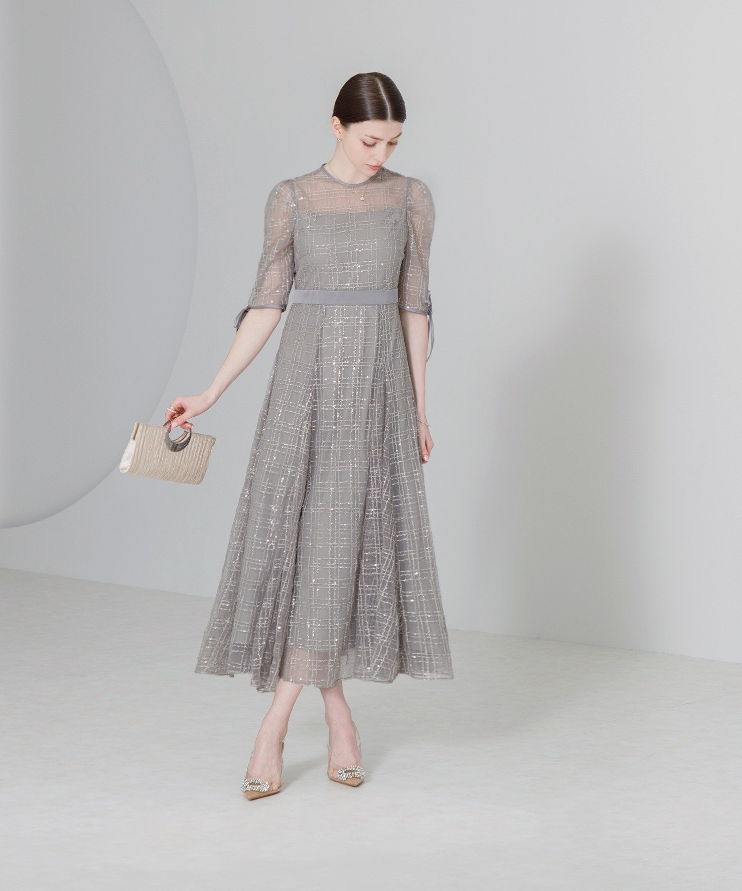 Leja｜LEJA-チェック刺繍スパンコール袖リボンワンピースドレス結婚式