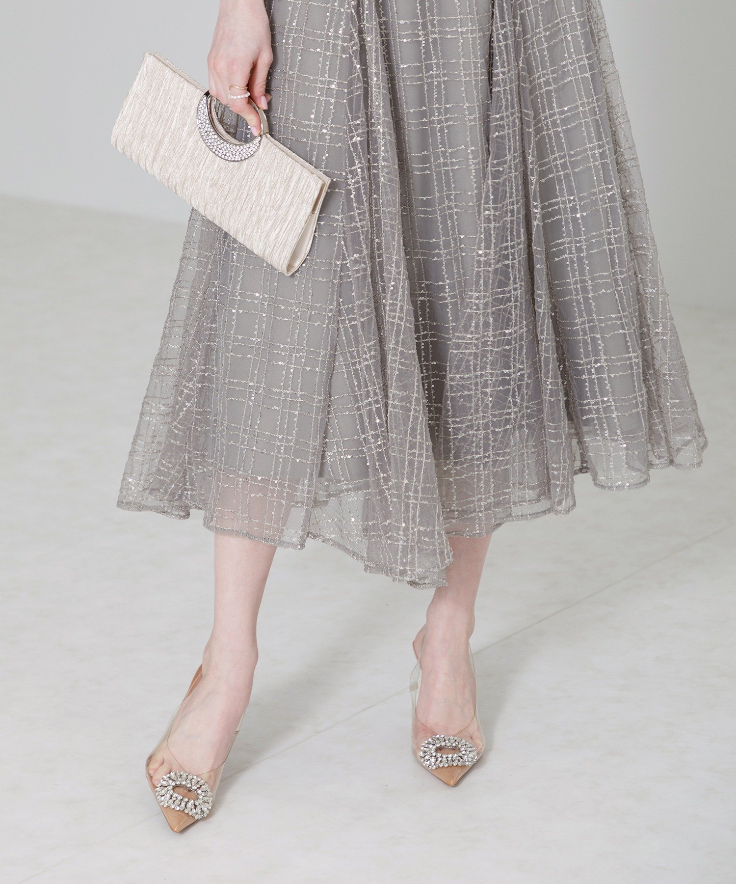 Leja｜LEJA-チェック刺繍スパンコール袖リボンワンピースドレス結婚式