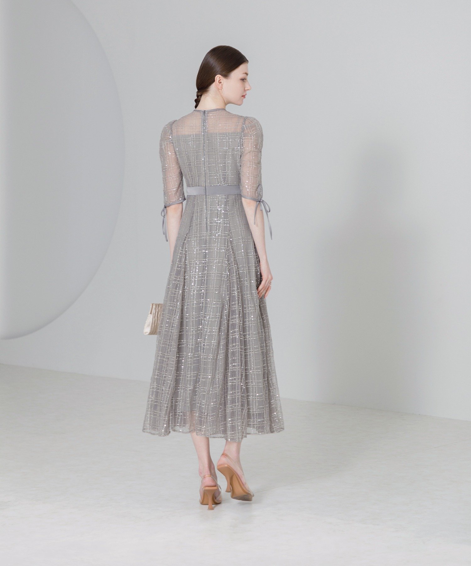 Leja｜LEJA-チェック刺繍スパンコール袖リボンワンピースドレス結婚式