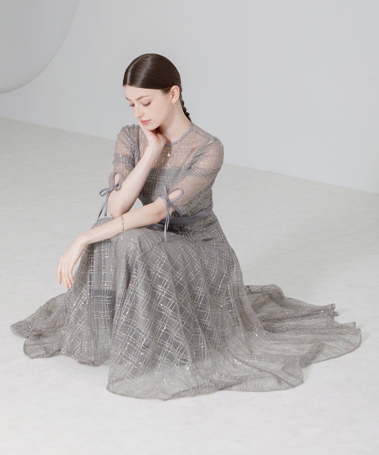 Leja｜LEJA-チェック刺繍スパンコール袖リボンワンピースドレス結婚式