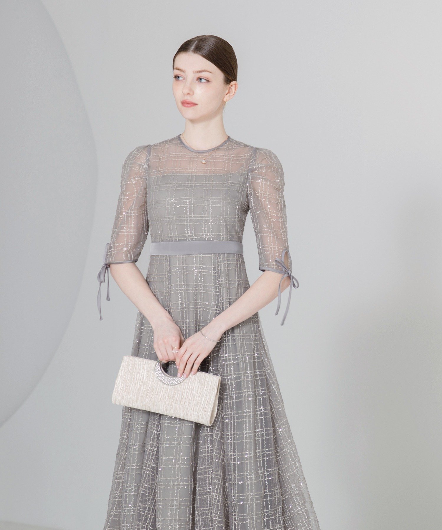 Leja｜LEJA-チェック刺繍スパンコール袖リボンワンピースドレス結婚式