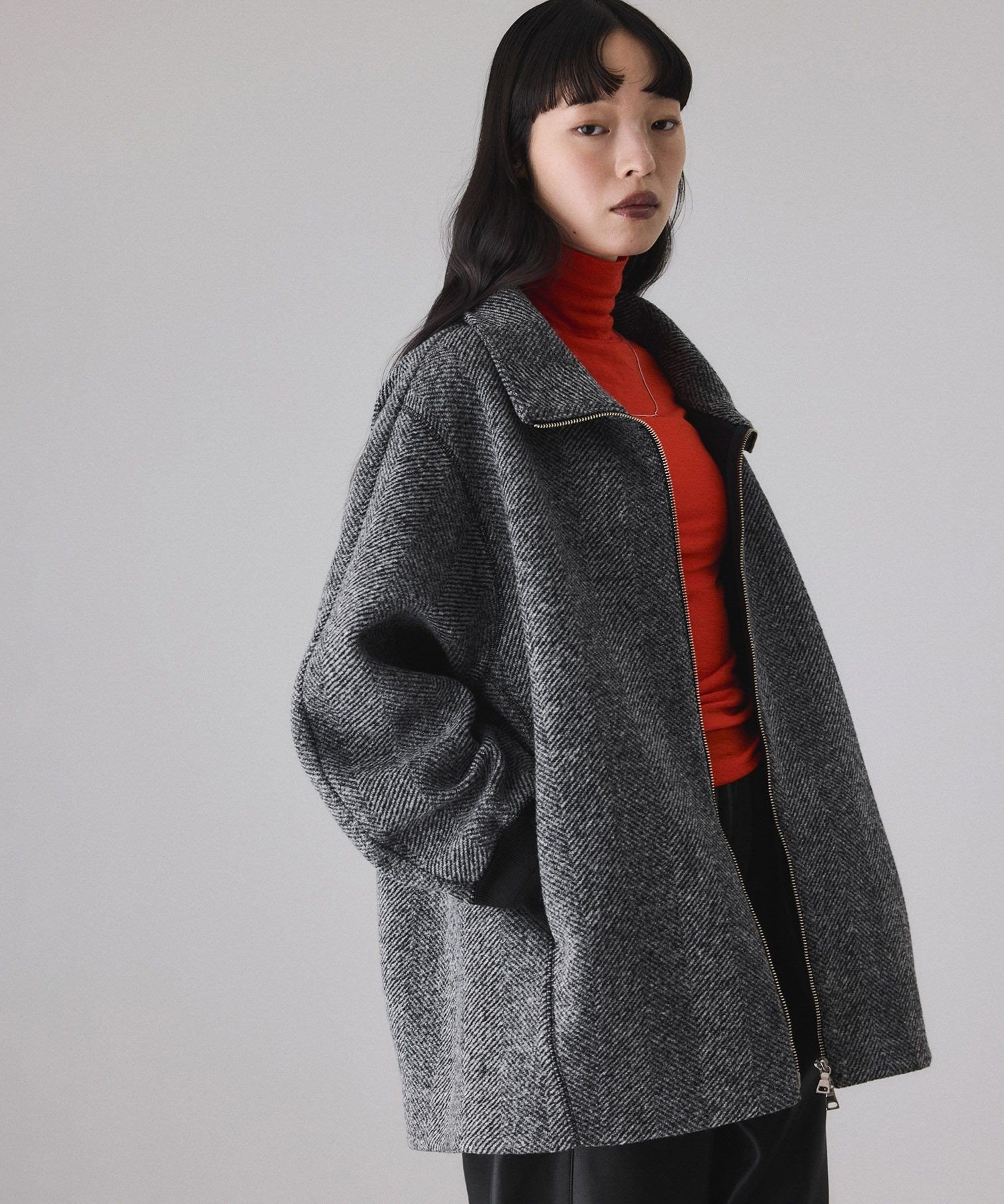 ADAM ET ROPE'｜ヘリンボンツイードボンディングコーディガン