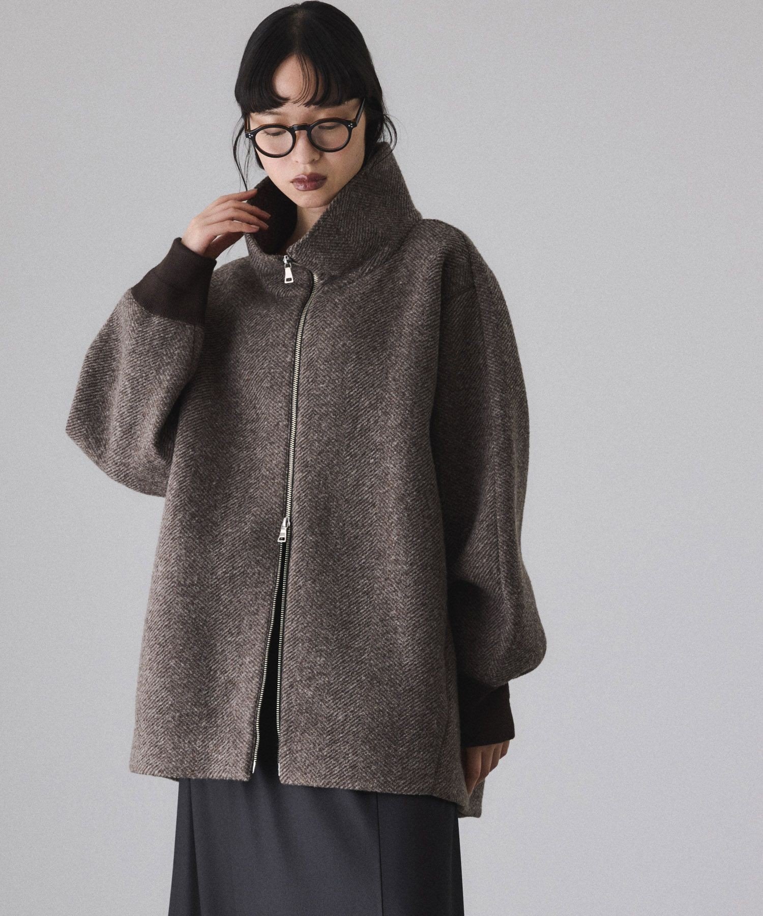 ADAM ET ROPE'｜ヘリンボンツイードボンディングコーディガン