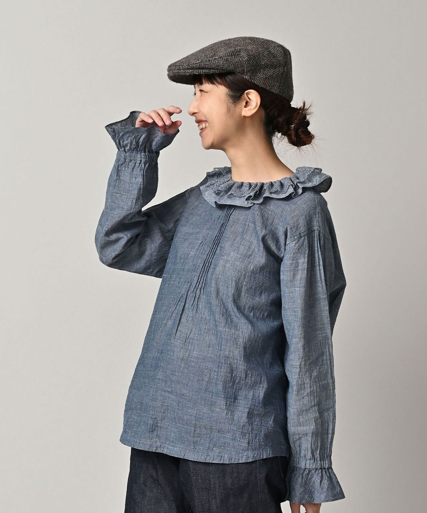 45R 藍ダンガリーインドカディのタックフリルボウタイブラウス 45rpm