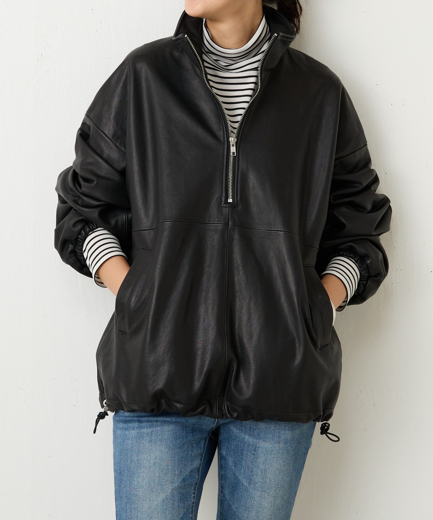 BEARDSLEY｜《15 quinze》ラムレザーハーフジッププルオーバー