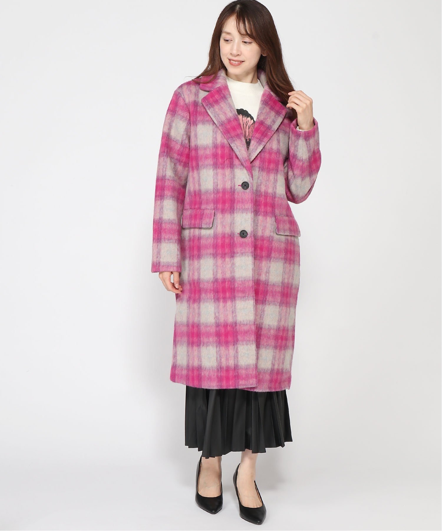 Desigual｜チェック柄 オーバーサイズ ウールブレンドコート ピンク