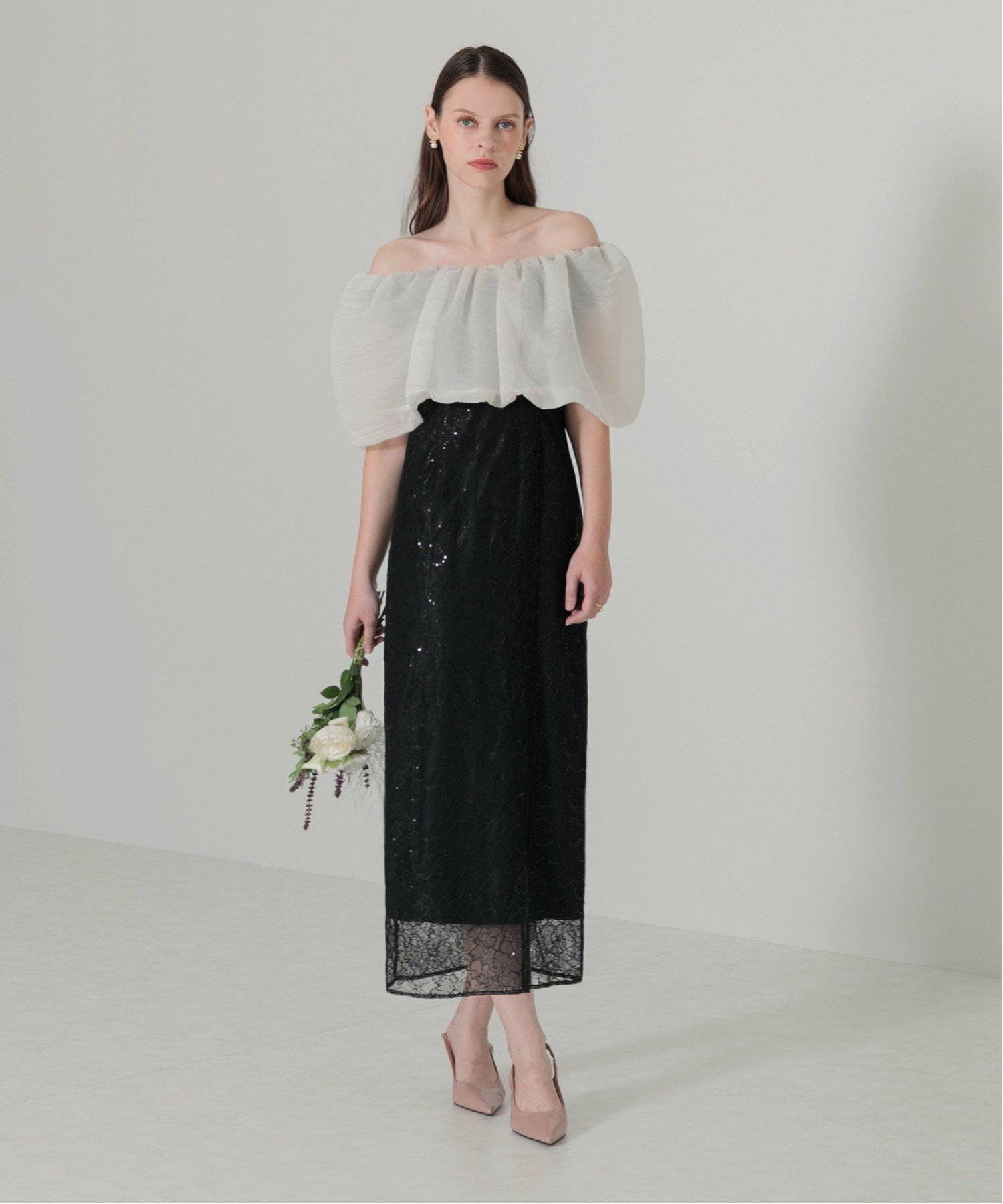 Leja｜LEJA-2WAYオフショルダーパフスリーブIラインワンピースドレス