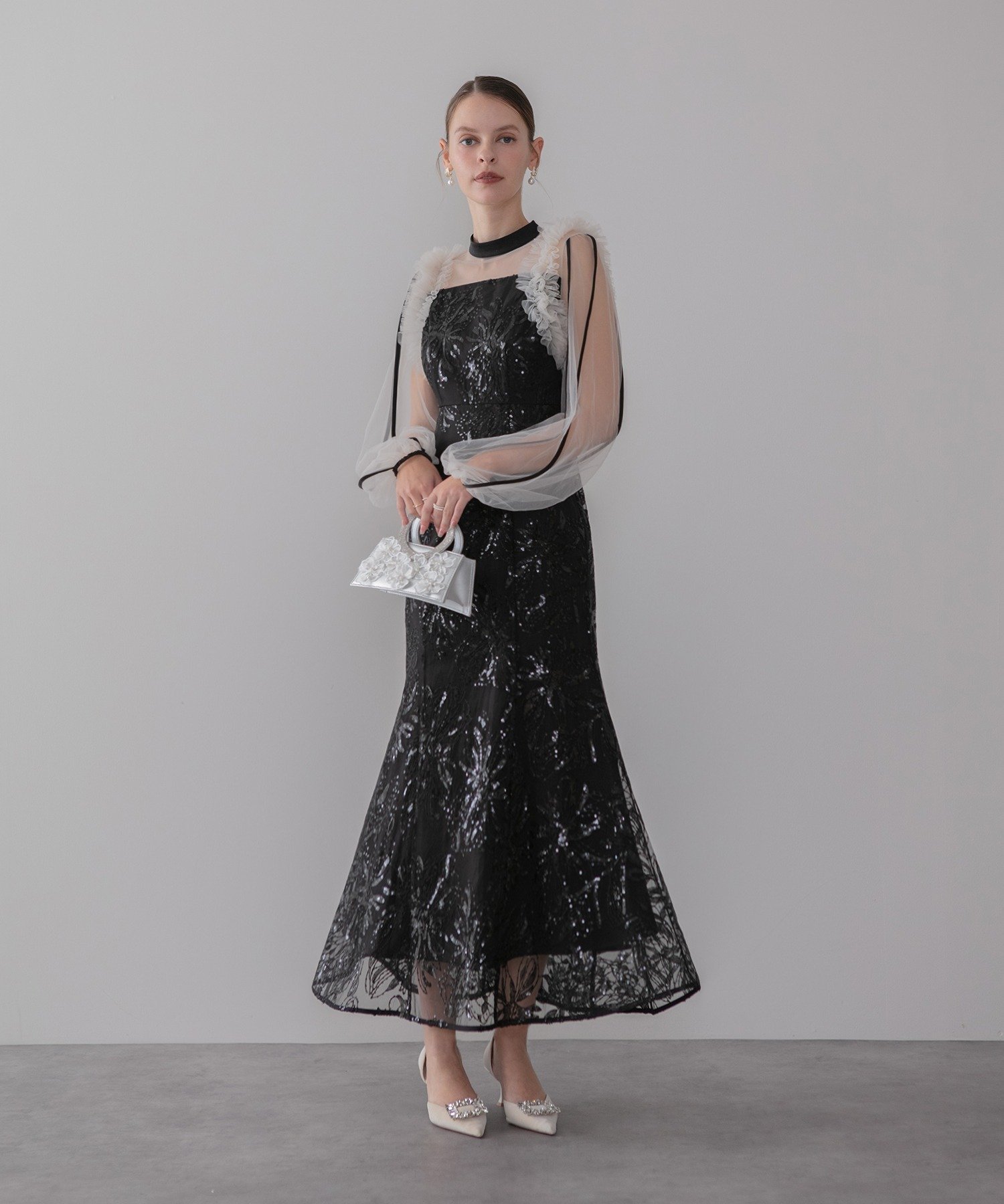 Leja｜Leja-フラワースパンコールチュールフリルロングスリーブ