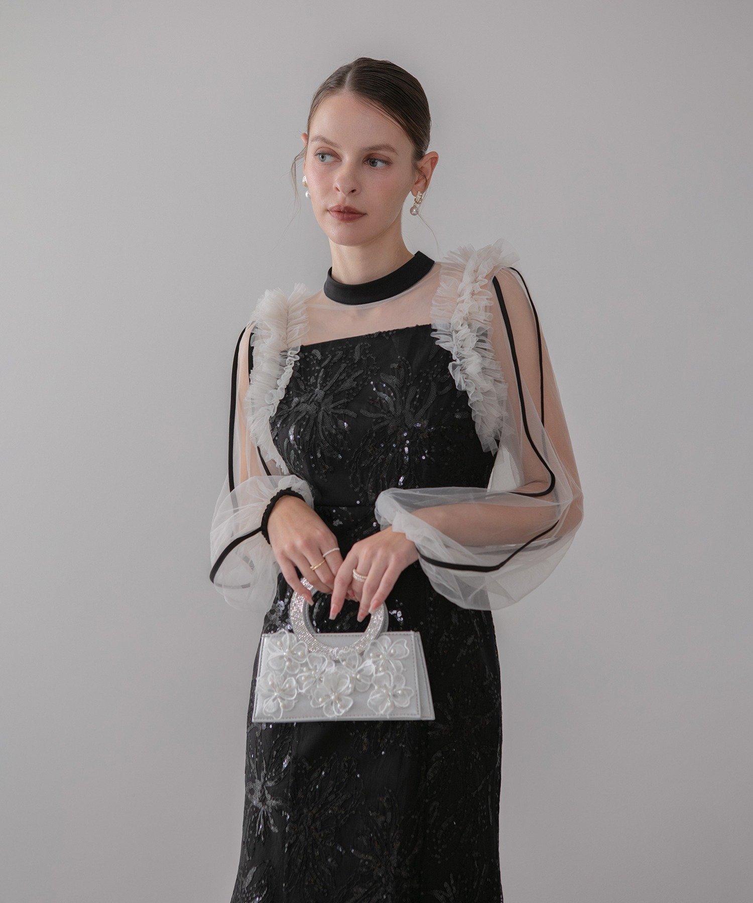 Leja｜Leja-フラワースパンコールチュールフリルロングスリーブ