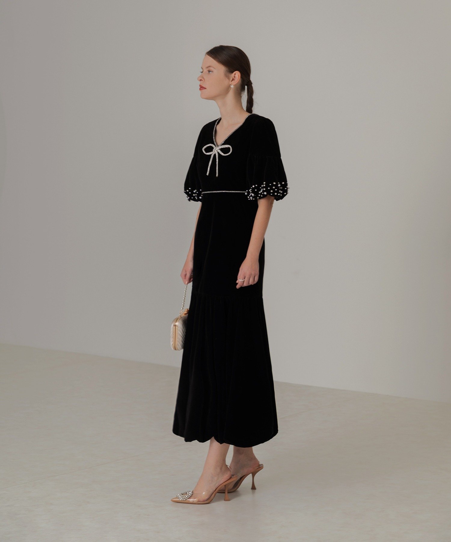 Leja｜LEJA-パールストーンリボンベロアギャザーワンピースドレス 結婚