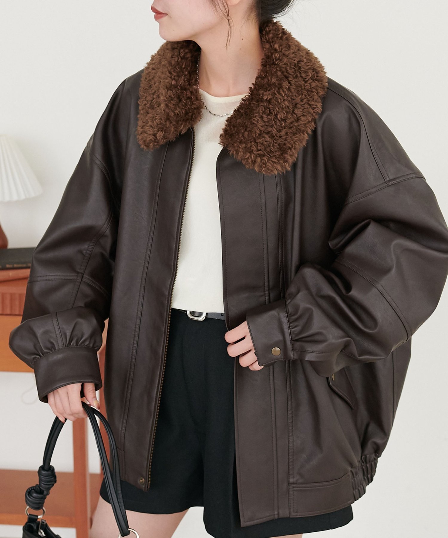 Discoat｜【衿取り外し可能/ユニセックス】ボア衿付きフェイクレザー