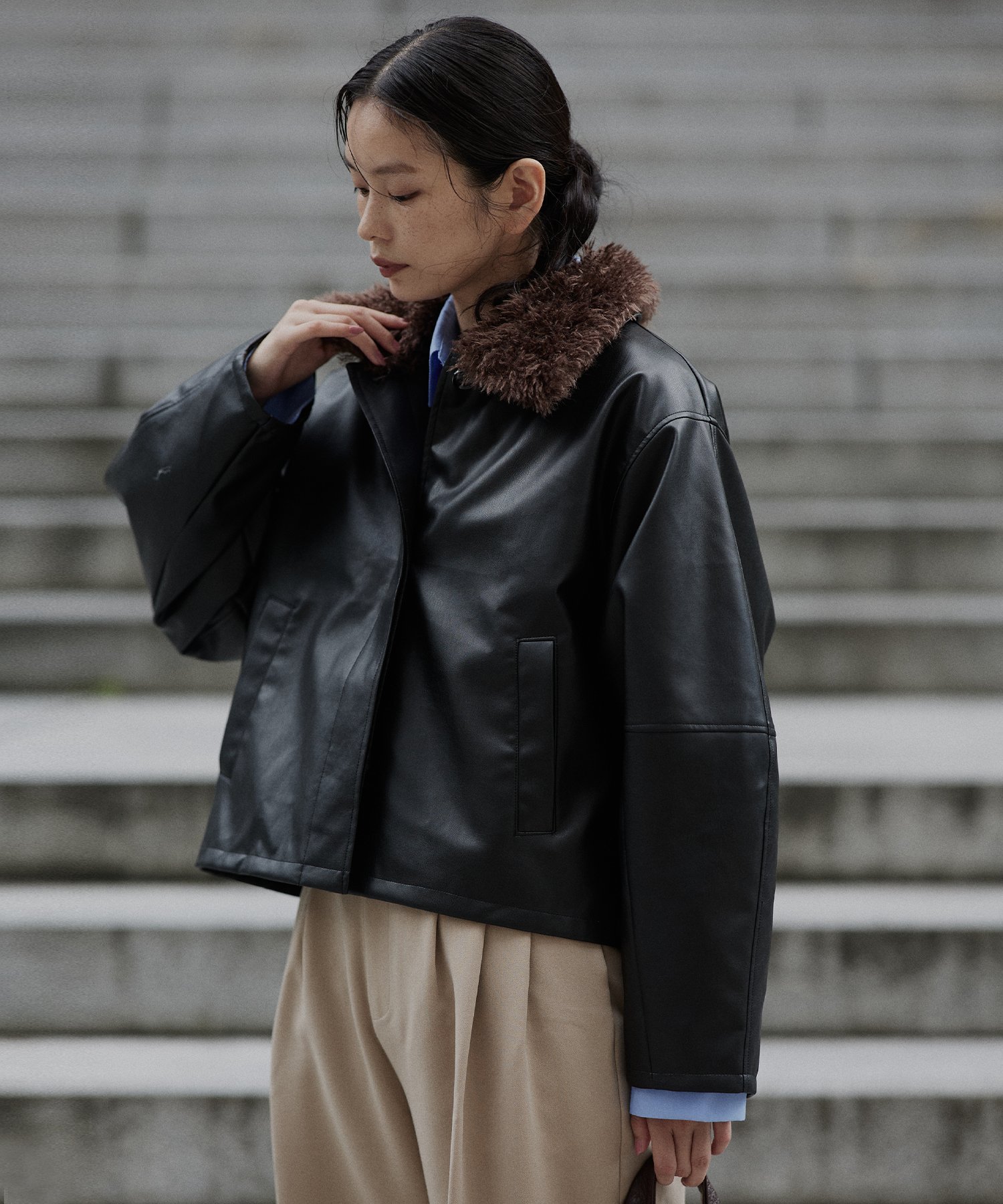 hellam｜襟ボアフェイクレザー中綿ブルゾン | Rakuten Fashion(楽天