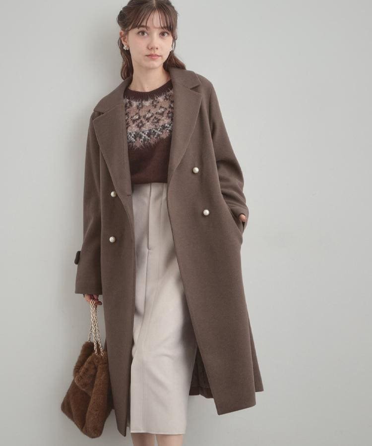 Couture Brooch｜【大人上品・ベルト付き】パール調釦チェスターコート