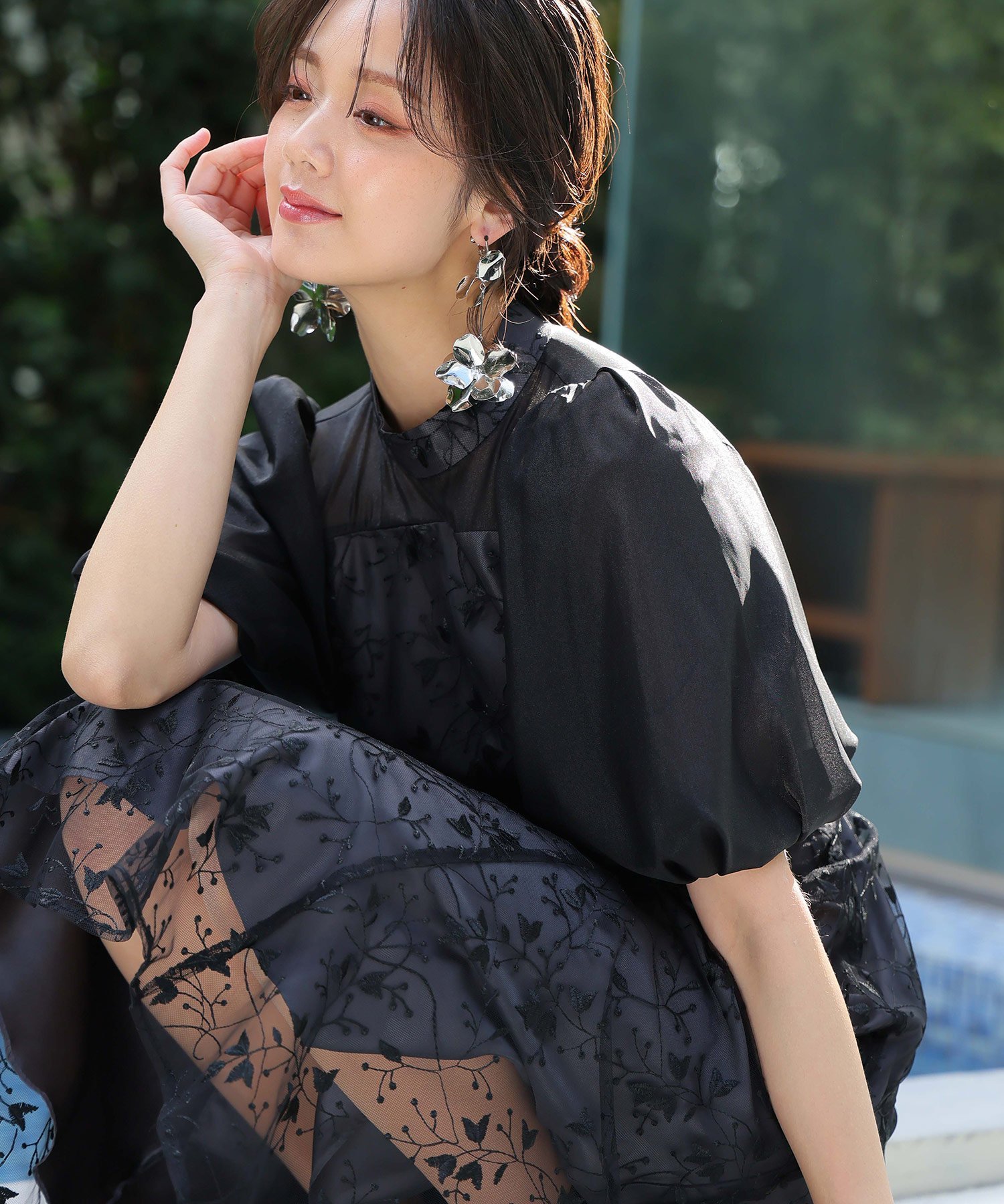 PourVous｜刺繍レースパフスリーブドレス 結婚式 パーティードレス